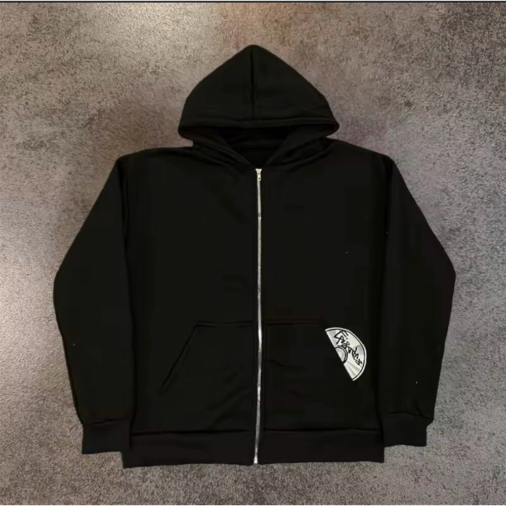 Black Full Zip Hooded Sweatshirt Unisex Adults Size M Logo Patch Pockets